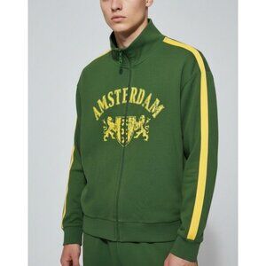 Amsterdam Green Zip-Up Jacket W/Yellow Stripes & Crest Design By Fox Size L Cott